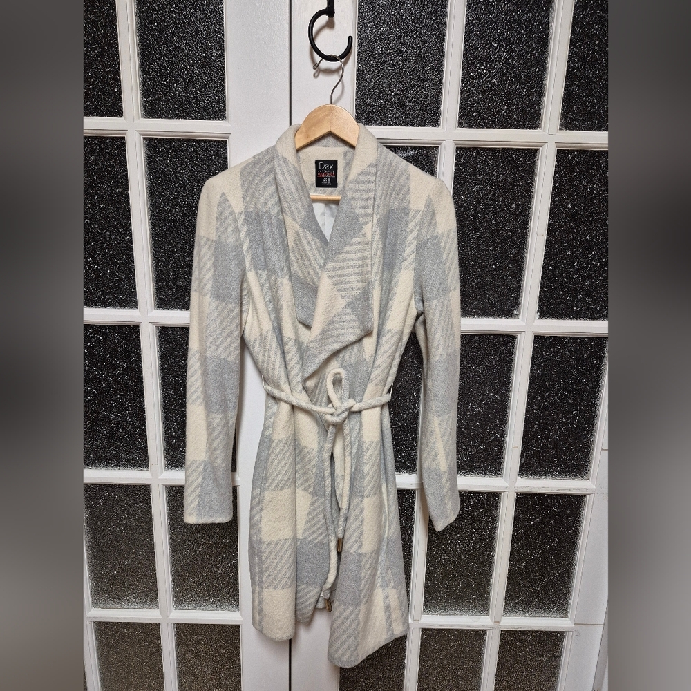 Dex wool blend wrap pea coat belted plaid white Grey medium Spring Jacket